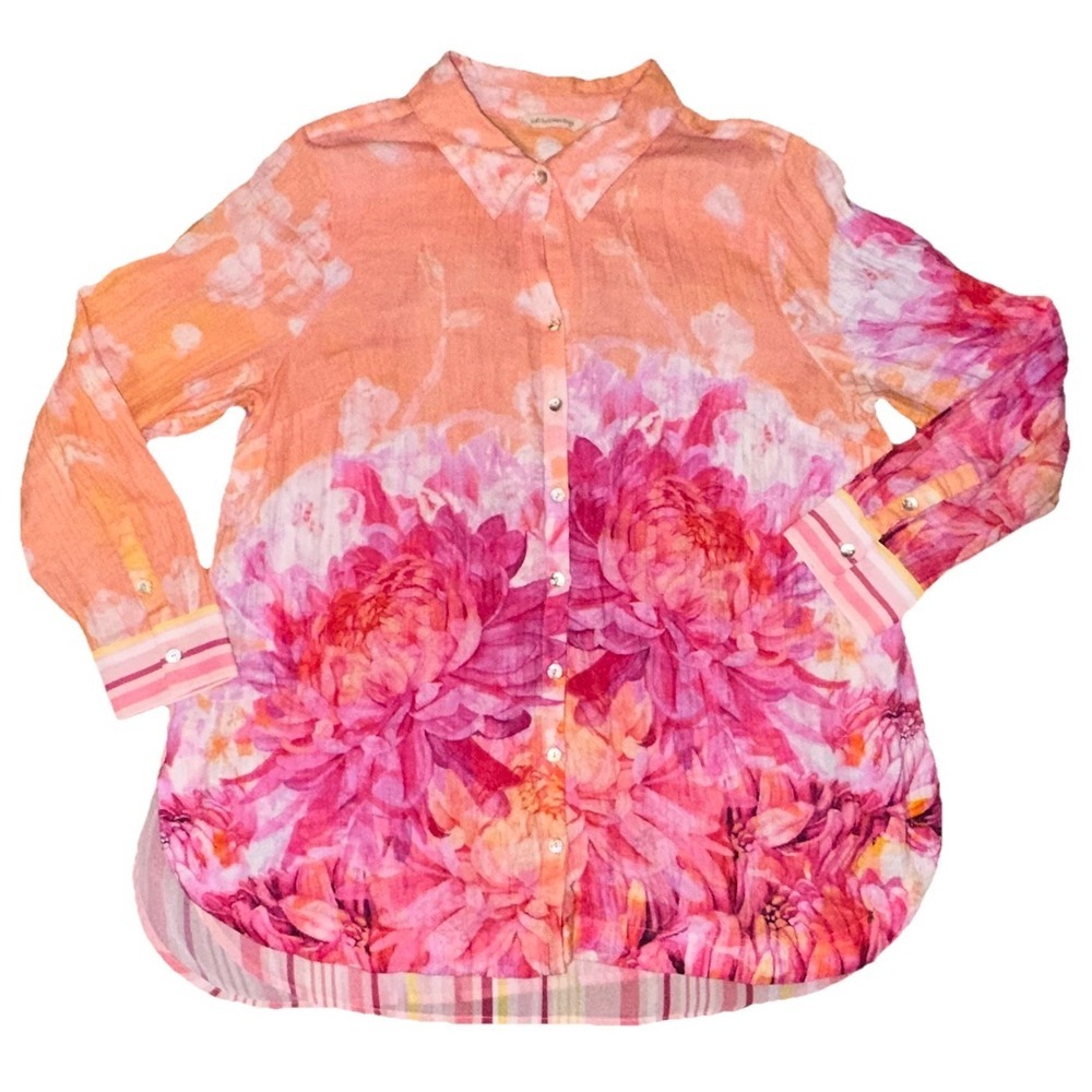 Soft Surroundings Sz XL Altura Gauzy Floral Striped Button Up Shirt Tie Dyed